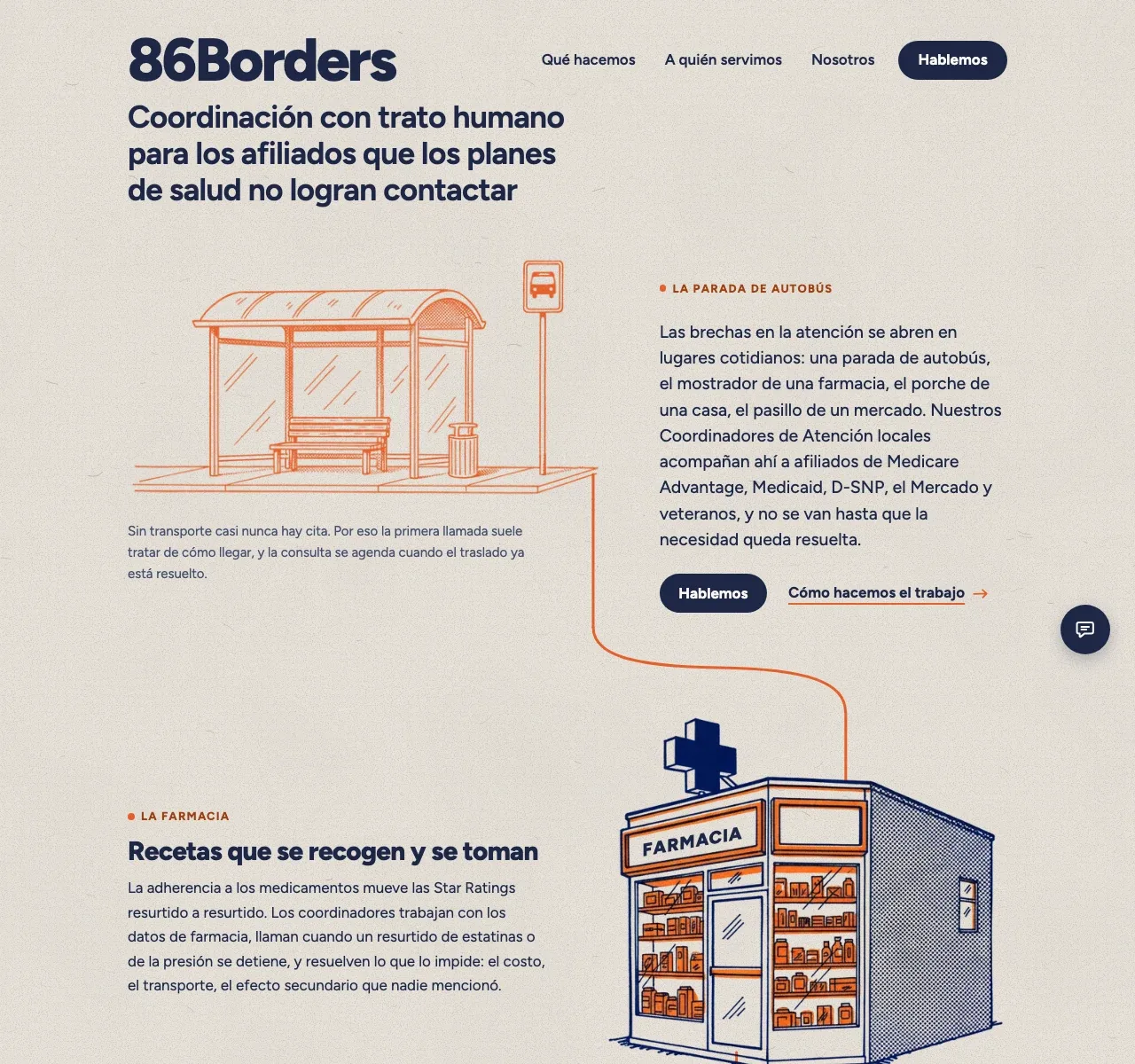 La página de inicio de Barrio: el gran logotipo azul de 86Borders sobre una parada de autobús y una farmacia dibujadas a mano en papel granulado, unidas por una línea naranja